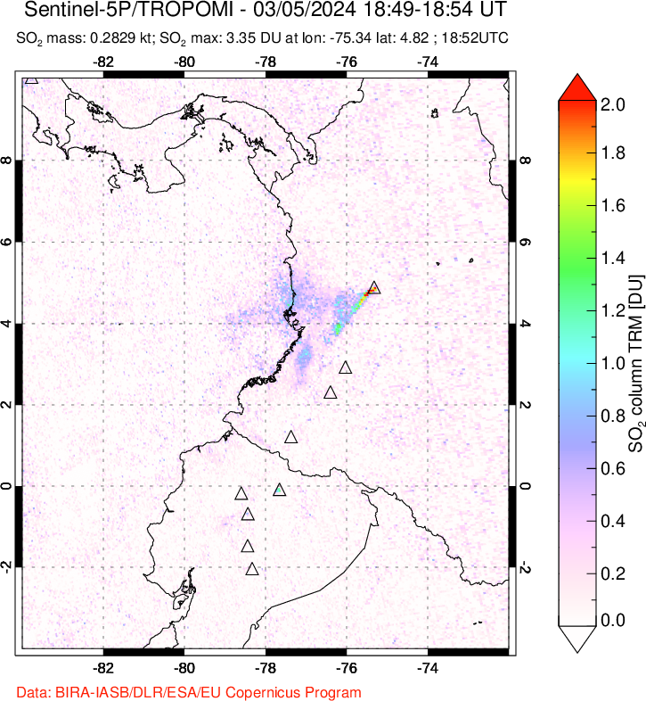 A sulfur dioxide image over Ecuador on Mar 05, 2024.