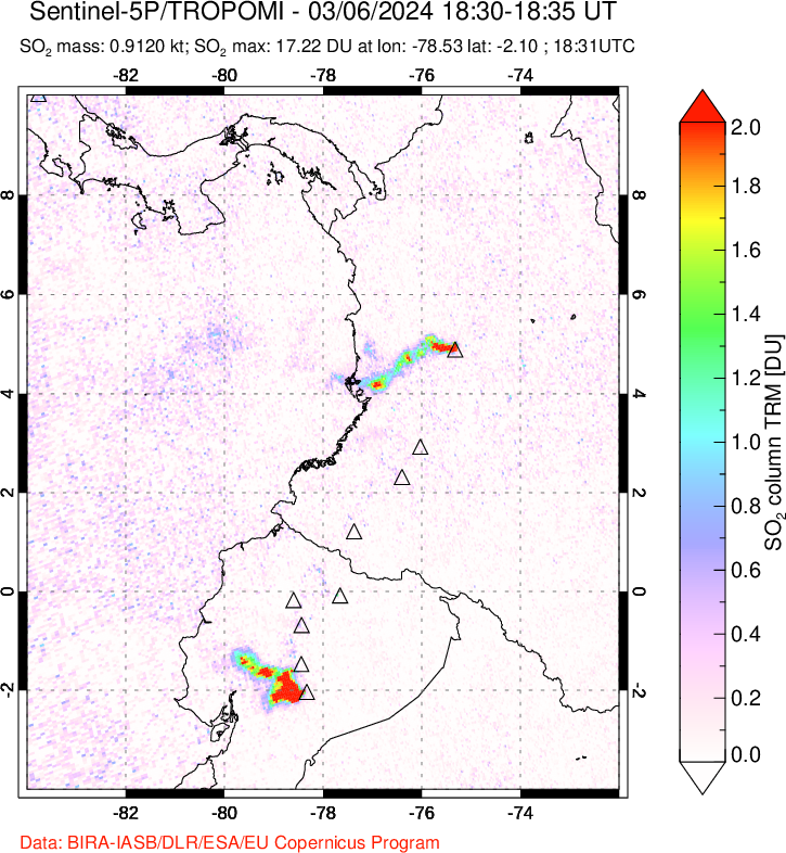 A sulfur dioxide image over Ecuador on Mar 06, 2024.