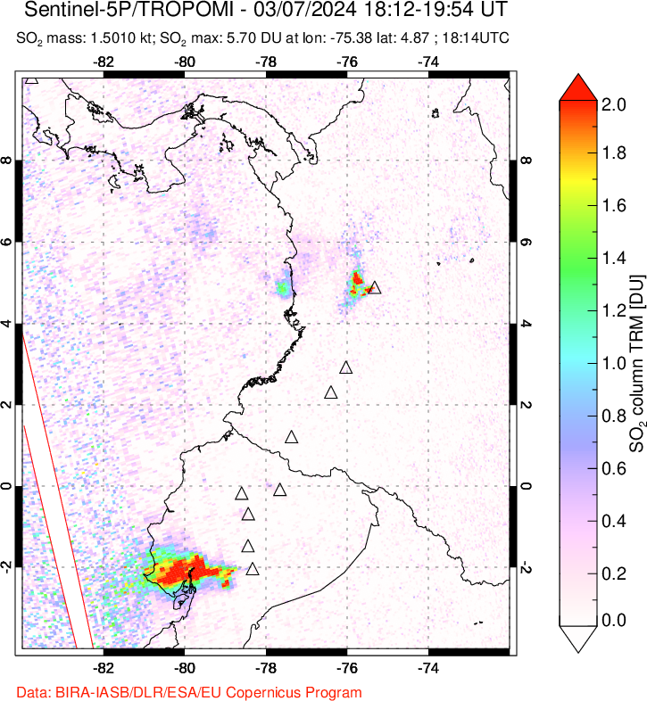 A sulfur dioxide image over Ecuador on Mar 07, 2024.