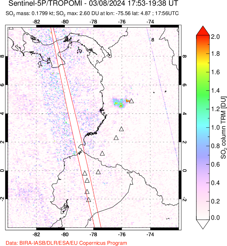 A sulfur dioxide image over Ecuador on Mar 08, 2024.