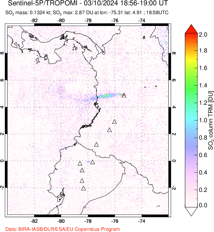 A sulfur dioxide image over Ecuador on Mar 10, 2024.