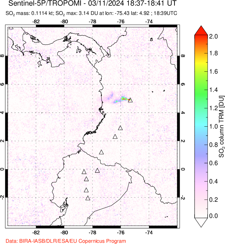 A sulfur dioxide image over Ecuador on Mar 11, 2024.