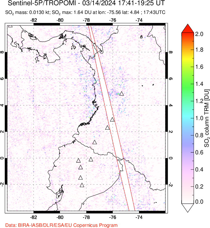 A sulfur dioxide image over Ecuador on Mar 14, 2024.