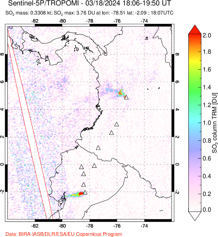 A sulfur dioxide image over Ecuador on Mar 18, 2024.