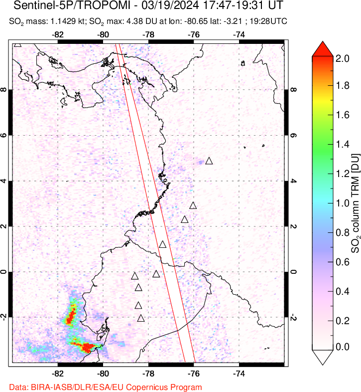 A sulfur dioxide image over Ecuador on Mar 19, 2024.