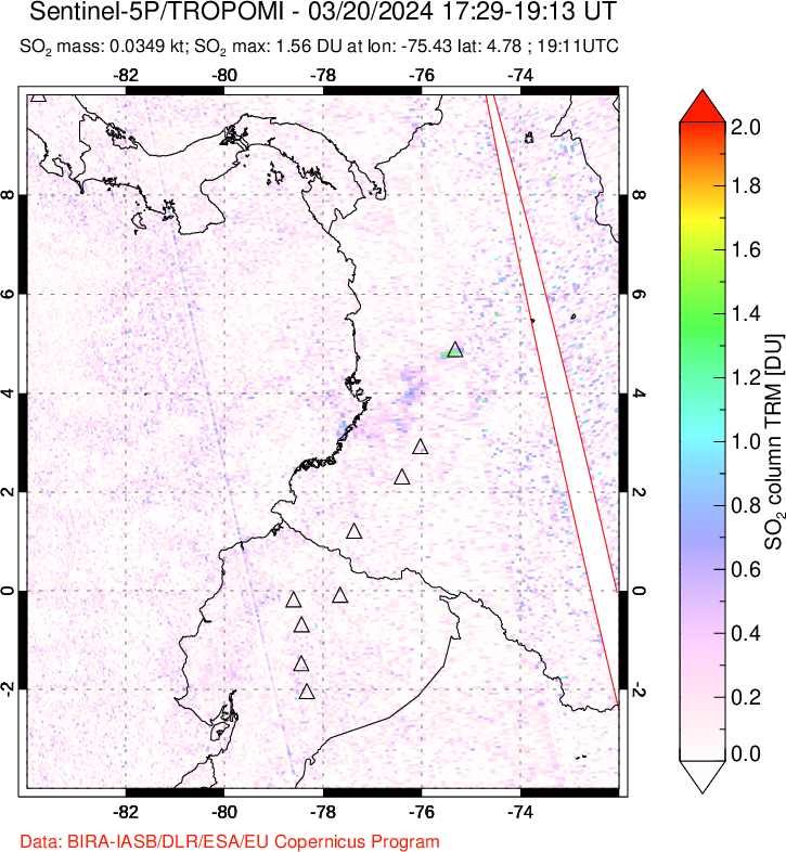 A sulfur dioxide image over Ecuador on Mar 20, 2024.