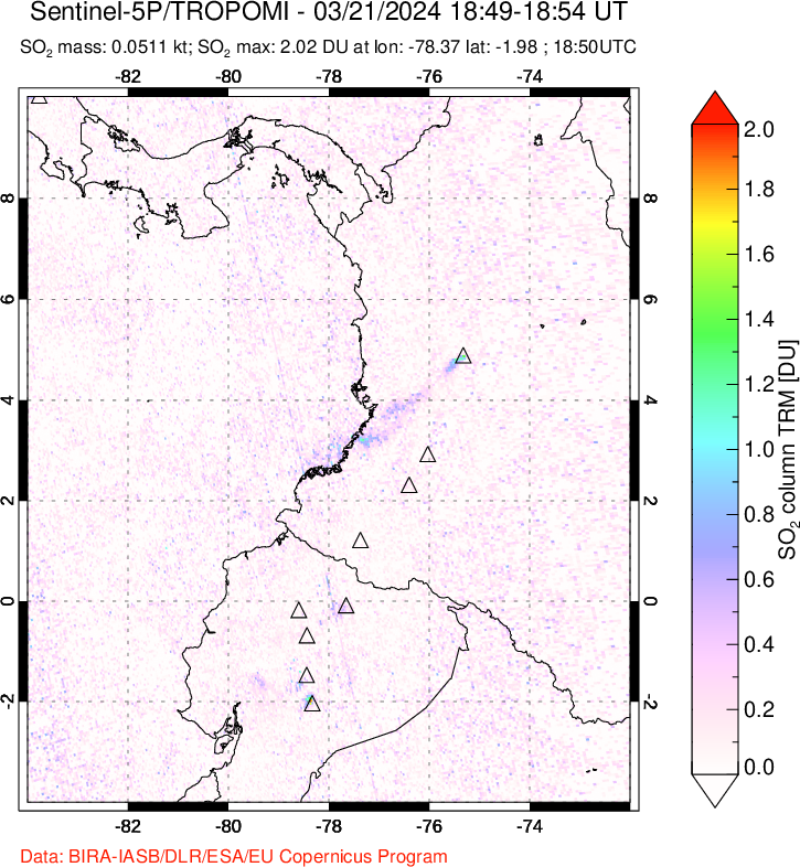 A sulfur dioxide image over Ecuador on Mar 21, 2024.