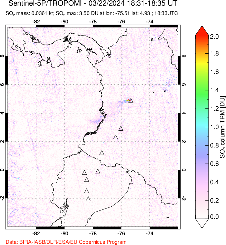 A sulfur dioxide image over Ecuador on Mar 22, 2024.