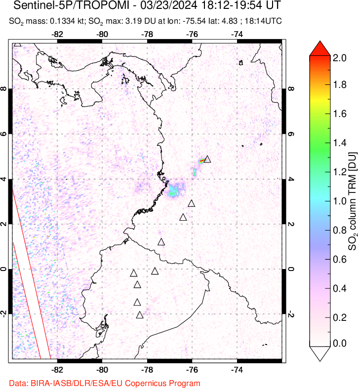 A sulfur dioxide image over Ecuador on Mar 23, 2024.