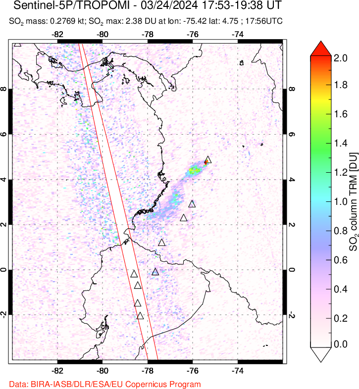 A sulfur dioxide image over Ecuador on Mar 24, 2024.