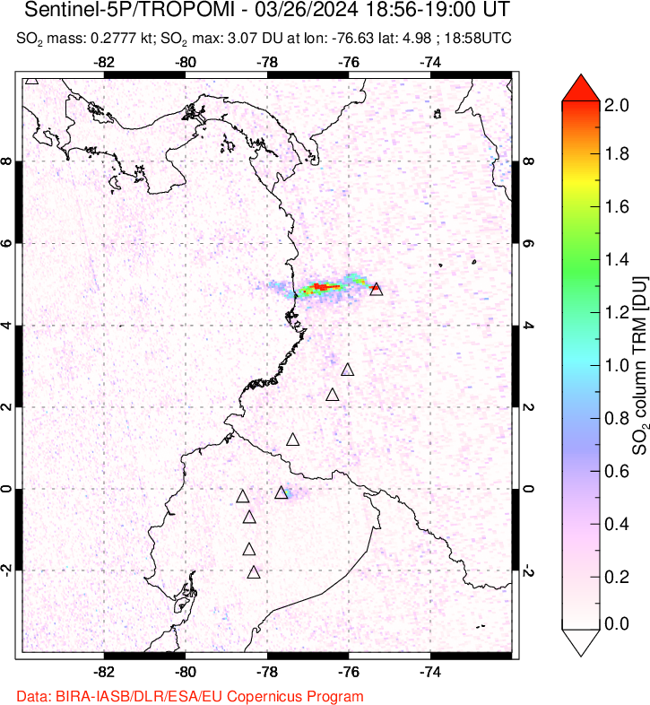 A sulfur dioxide image over Ecuador on Mar 26, 2024.