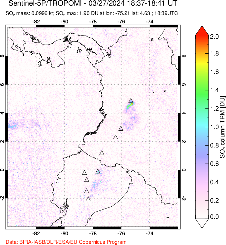 A sulfur dioxide image over Ecuador on Mar 27, 2024.