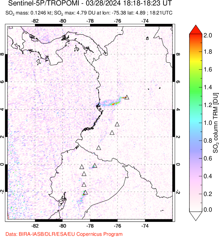 A sulfur dioxide image over Ecuador on Mar 28, 2024.