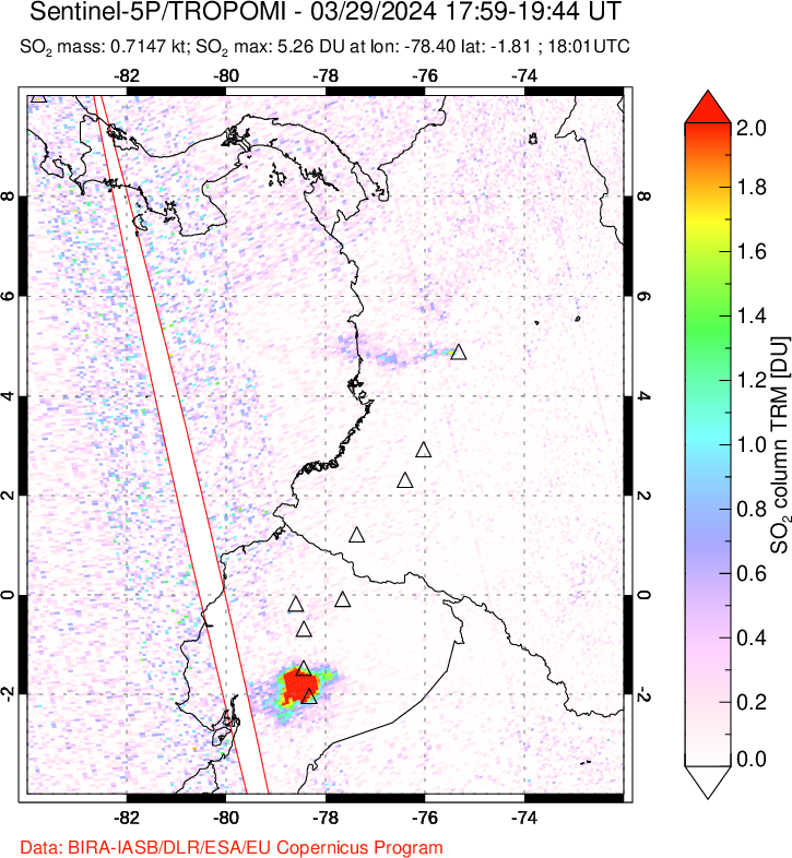 A sulfur dioxide image over Ecuador on Mar 29, 2024.