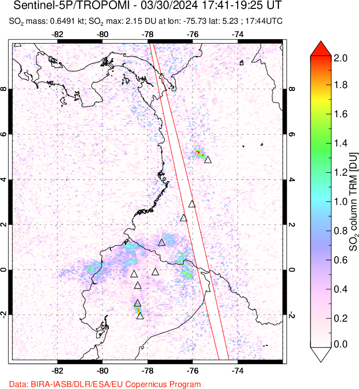 A sulfur dioxide image over Ecuador on Mar 30, 2024.