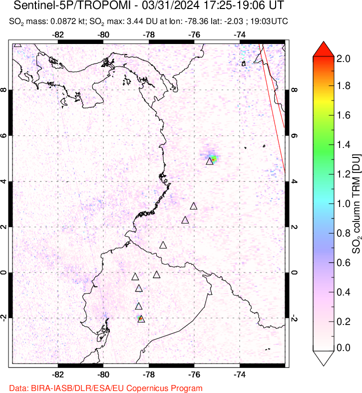 A sulfur dioxide image over Ecuador on Mar 31, 2024.