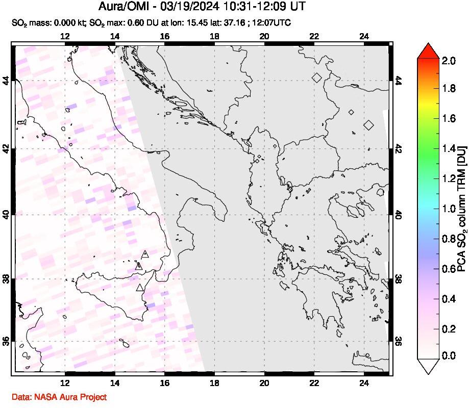 A sulfur dioxide image over Etna, Sicily, Italy on Mar 19, 2024.