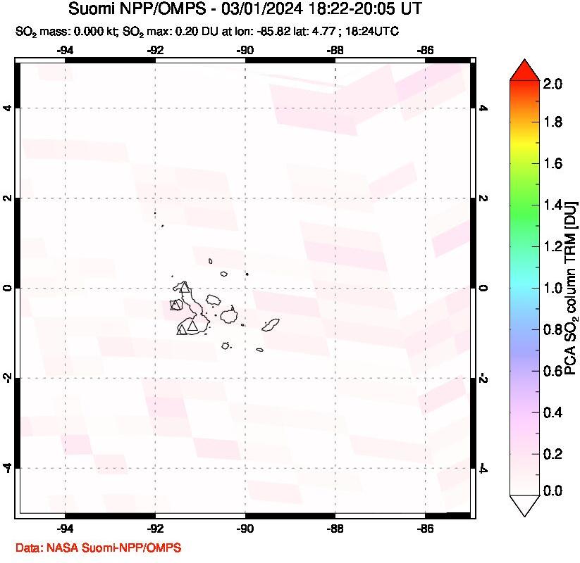 A sulfur dioxide image over Galápagos Islands on Mar 01, 2024.