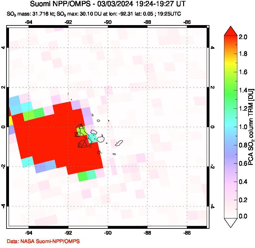 A sulfur dioxide image over Galápagos Islands on Mar 03, 2024.