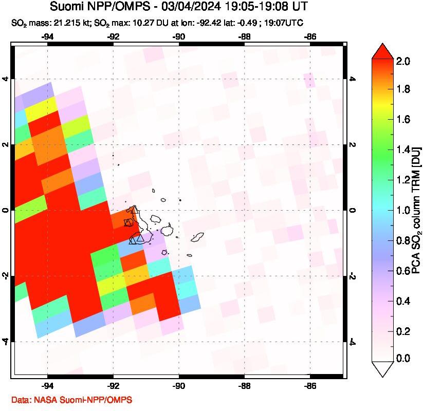 A sulfur dioxide image over Galápagos Islands on Mar 04, 2024.