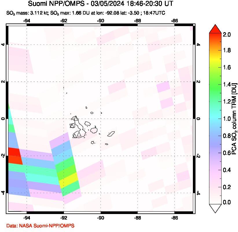 A sulfur dioxide image over Galápagos Islands on Mar 05, 2024.