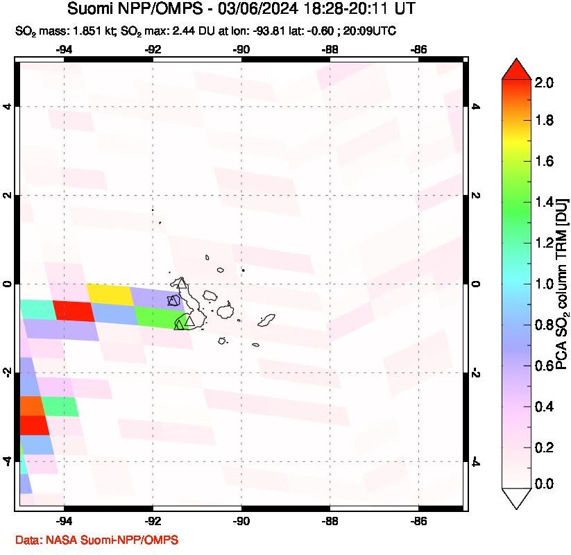 A sulfur dioxide image over Galápagos Islands on Mar 06, 2024.