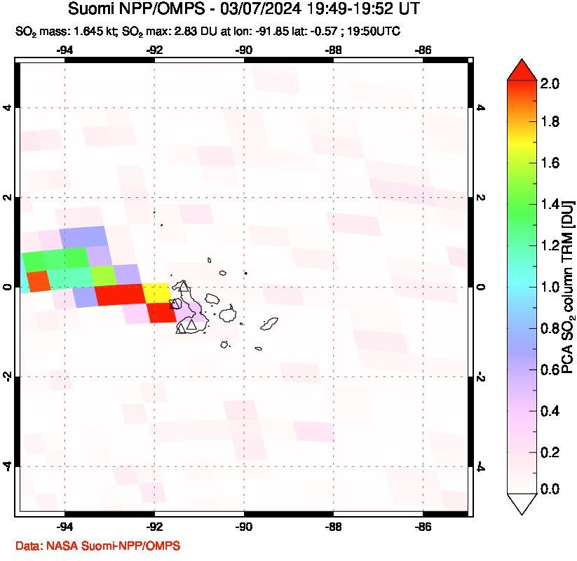 A sulfur dioxide image over Galápagos Islands on Mar 07, 2024.