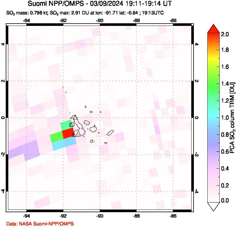 A sulfur dioxide image over Galápagos Islands on Mar 09, 2024.