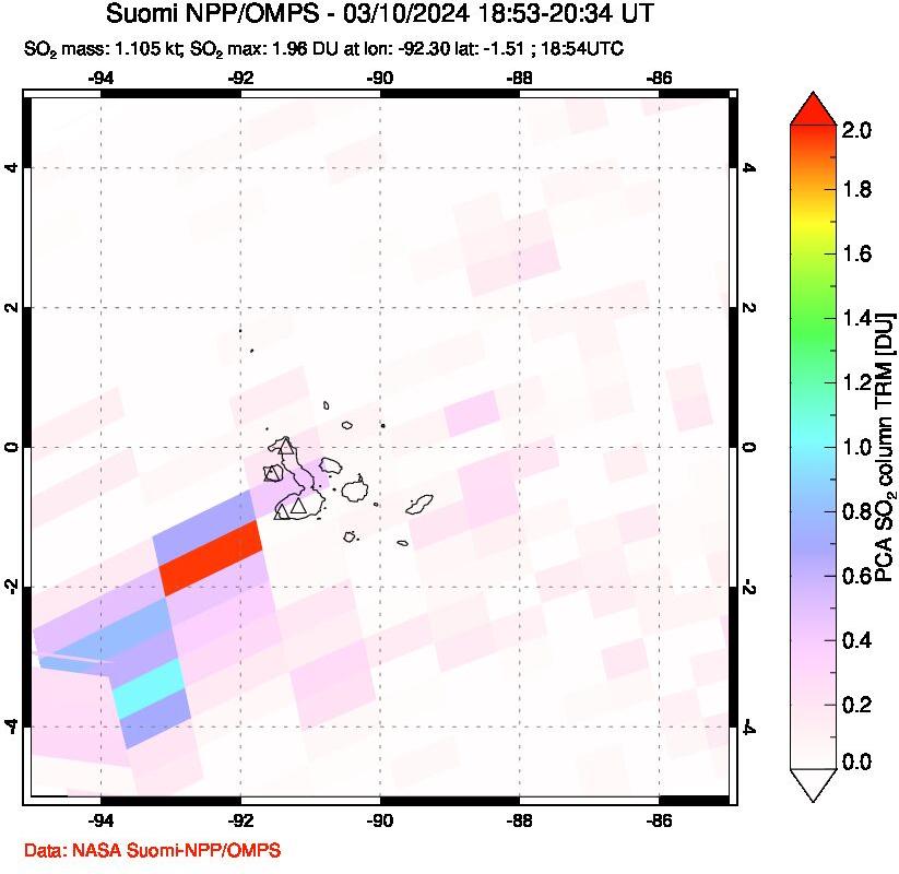 A sulfur dioxide image over Galápagos Islands on Mar 10, 2024.