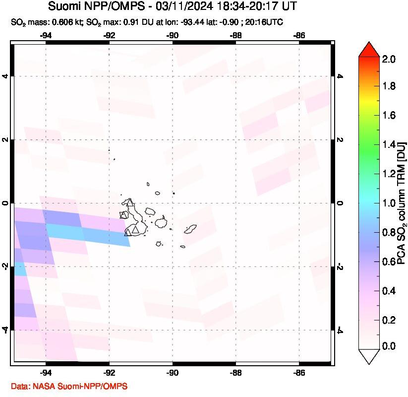 A sulfur dioxide image over Galápagos Islands on Mar 11, 2024.