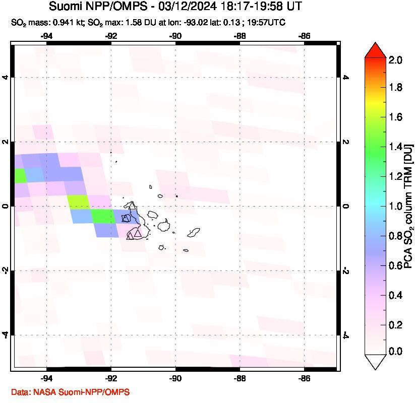 A sulfur dioxide image over Galápagos Islands on Mar 12, 2024.