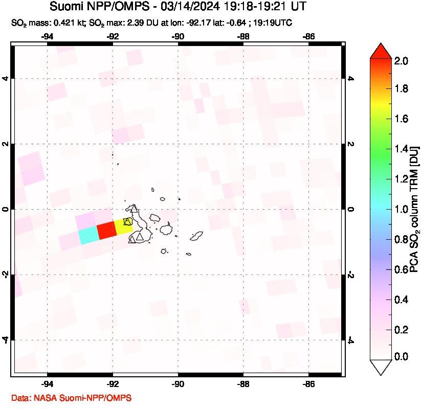 A sulfur dioxide image over Galápagos Islands on Mar 14, 2024.