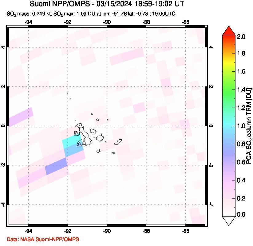 A sulfur dioxide image over Galápagos Islands on Mar 15, 2024.