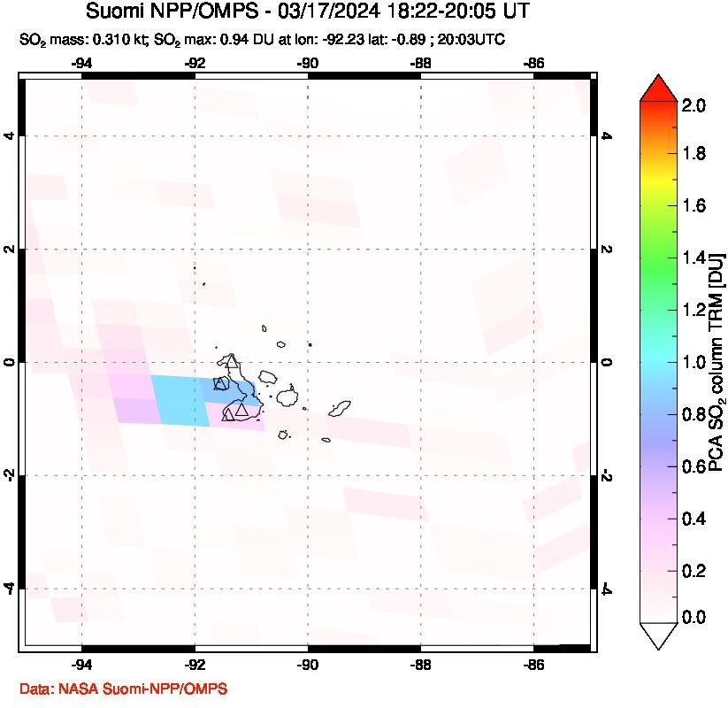 A sulfur dioxide image over Galápagos Islands on Mar 17, 2024.