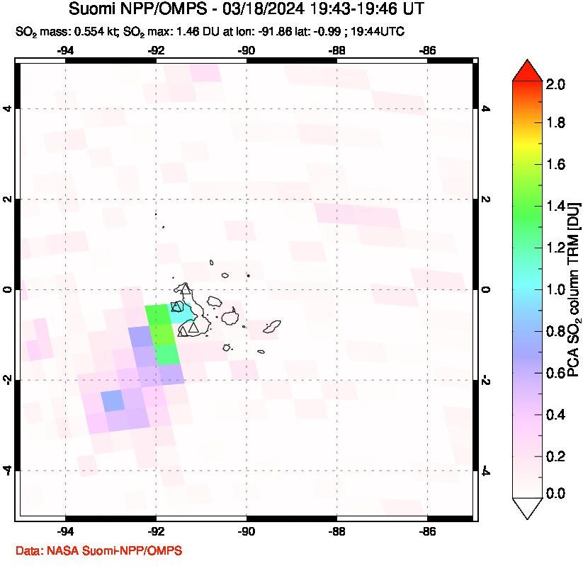 A sulfur dioxide image over Galápagos Islands on Mar 18, 2024.