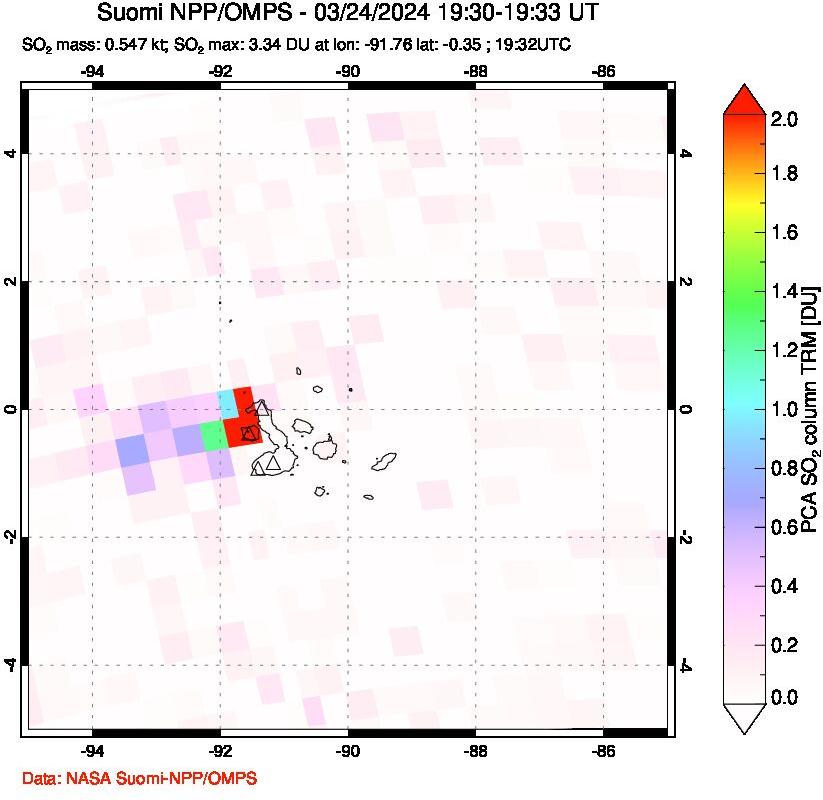 A sulfur dioxide image over Galápagos Islands on Mar 24, 2024.