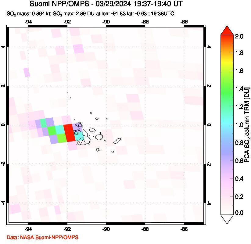 A sulfur dioxide image over Galápagos Islands on Mar 29, 2024.