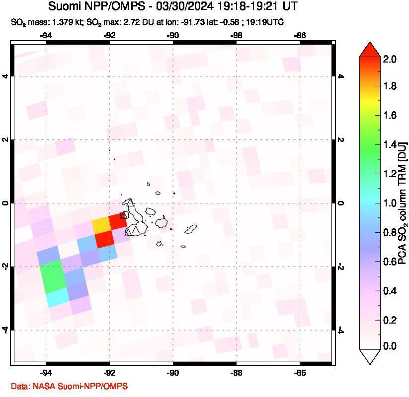 A sulfur dioxide image over Galápagos Islands on Mar 30, 2024.