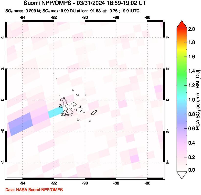 A sulfur dioxide image over Galápagos Islands on Mar 31, 2024.