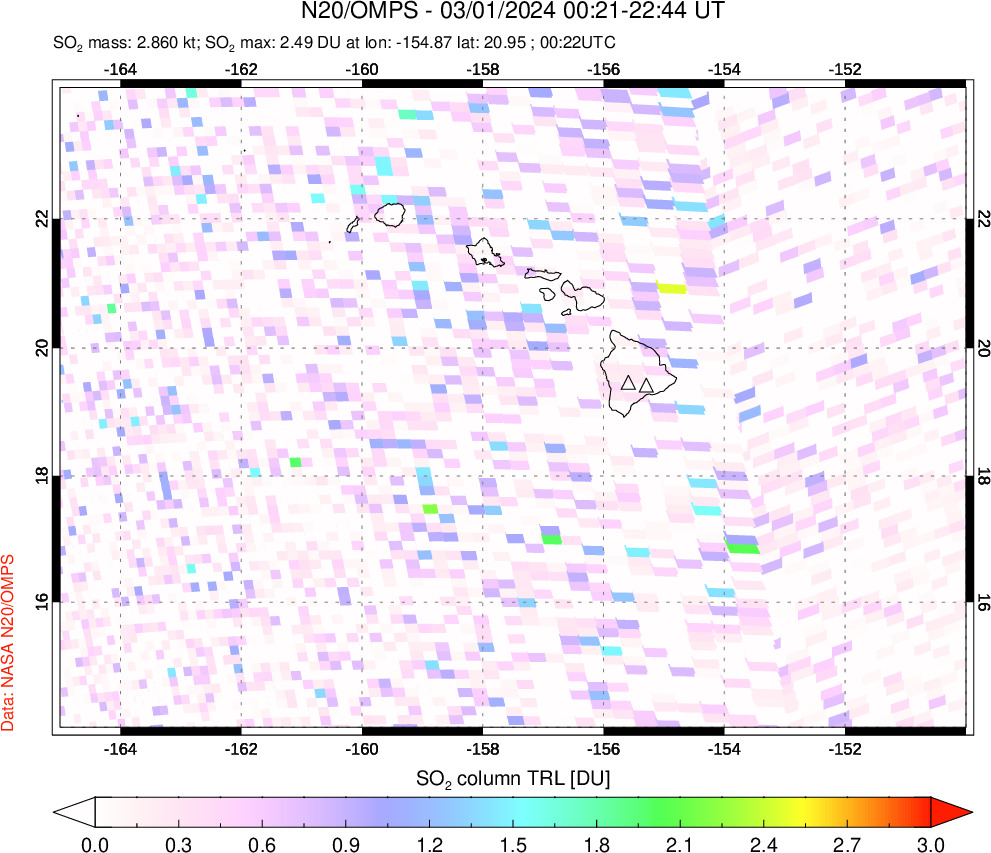 A sulfur dioxide image over Hawaii, USA on Mar 01, 2024.