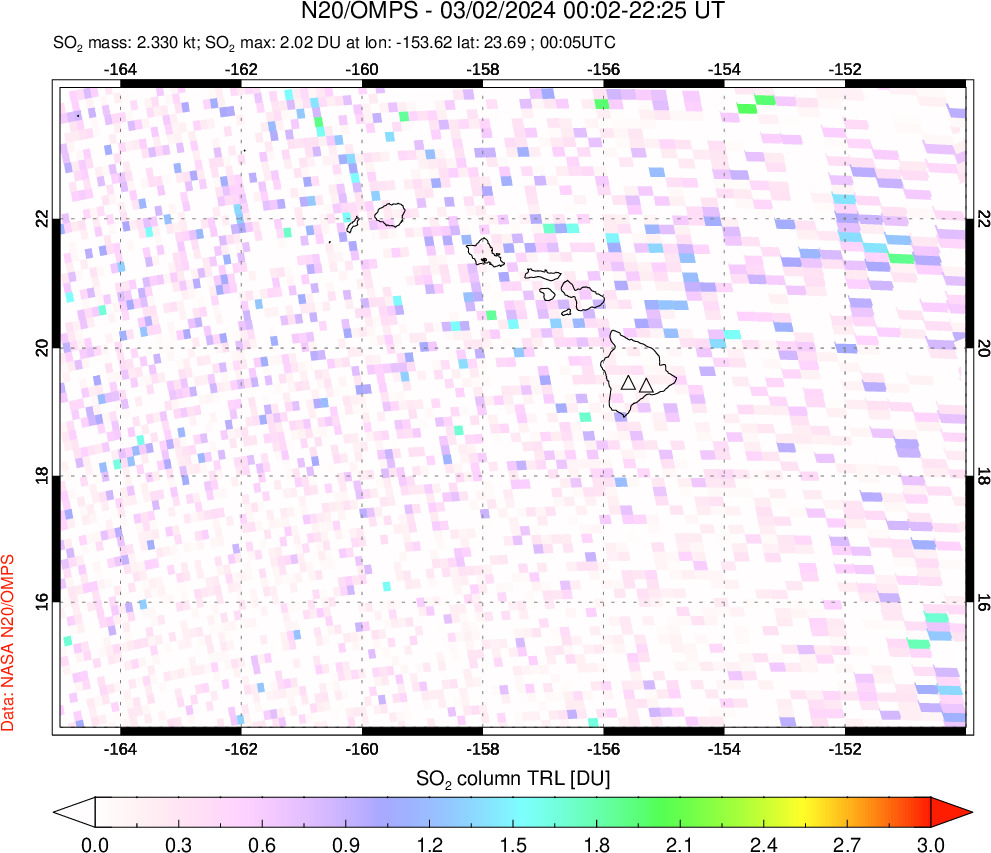 A sulfur dioxide image over Hawaii, USA on Mar 02, 2024.