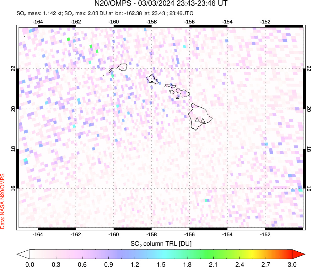 A sulfur dioxide image over Hawaii, USA on Mar 03, 2024.