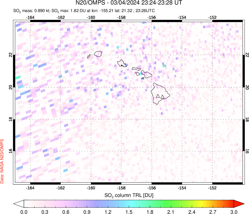 A sulfur dioxide image over Hawaii, USA on Mar 04, 2024.