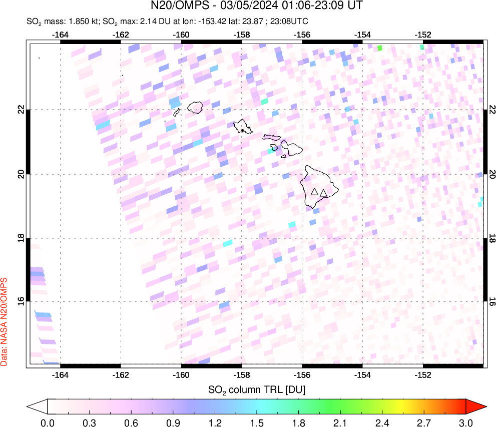 A sulfur dioxide image over Hawaii, USA on Mar 05, 2024.