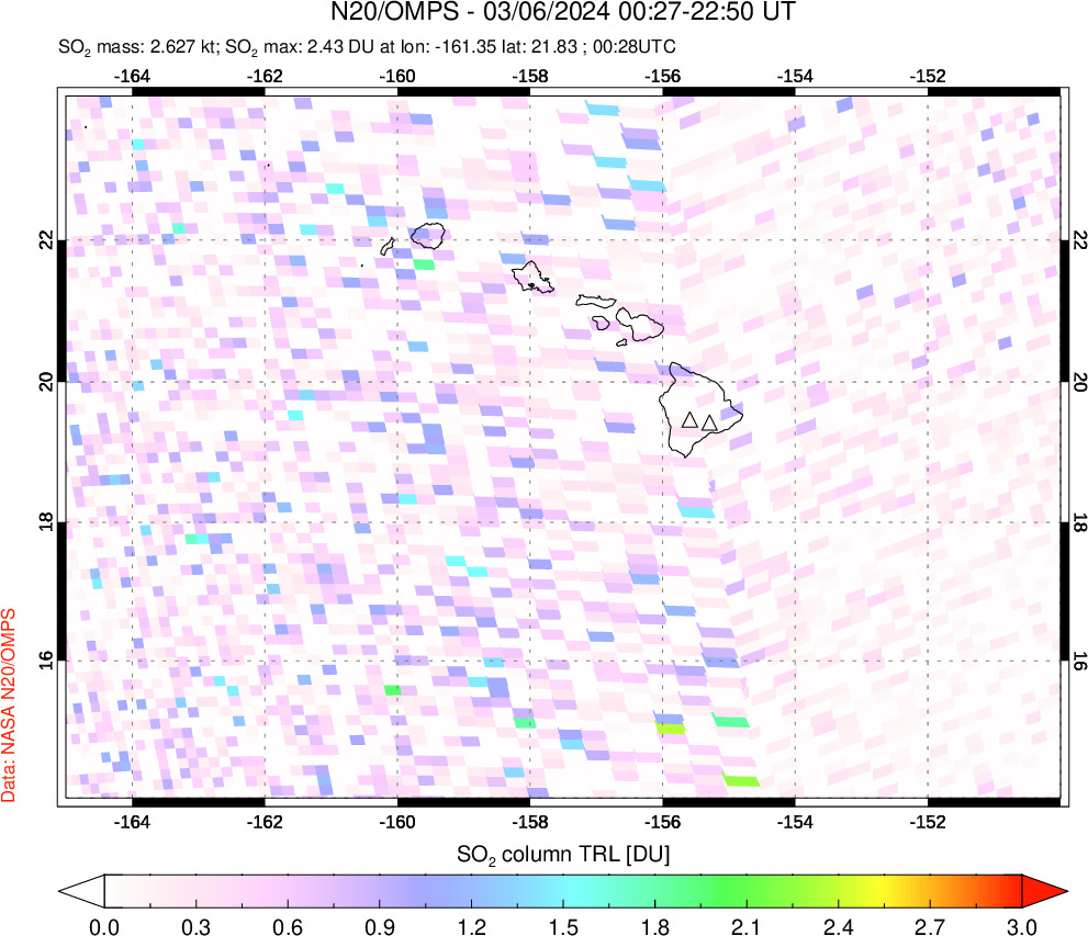 A sulfur dioxide image over Hawaii, USA on Mar 06, 2024.