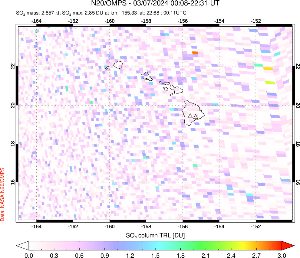 A sulfur dioxide image over Hawaii, USA on Mar 07, 2024.