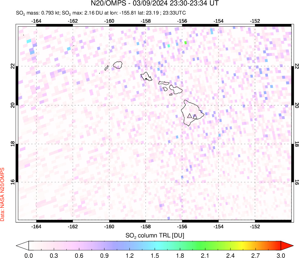 A sulfur dioxide image over Hawaii, USA on Mar 09, 2024.