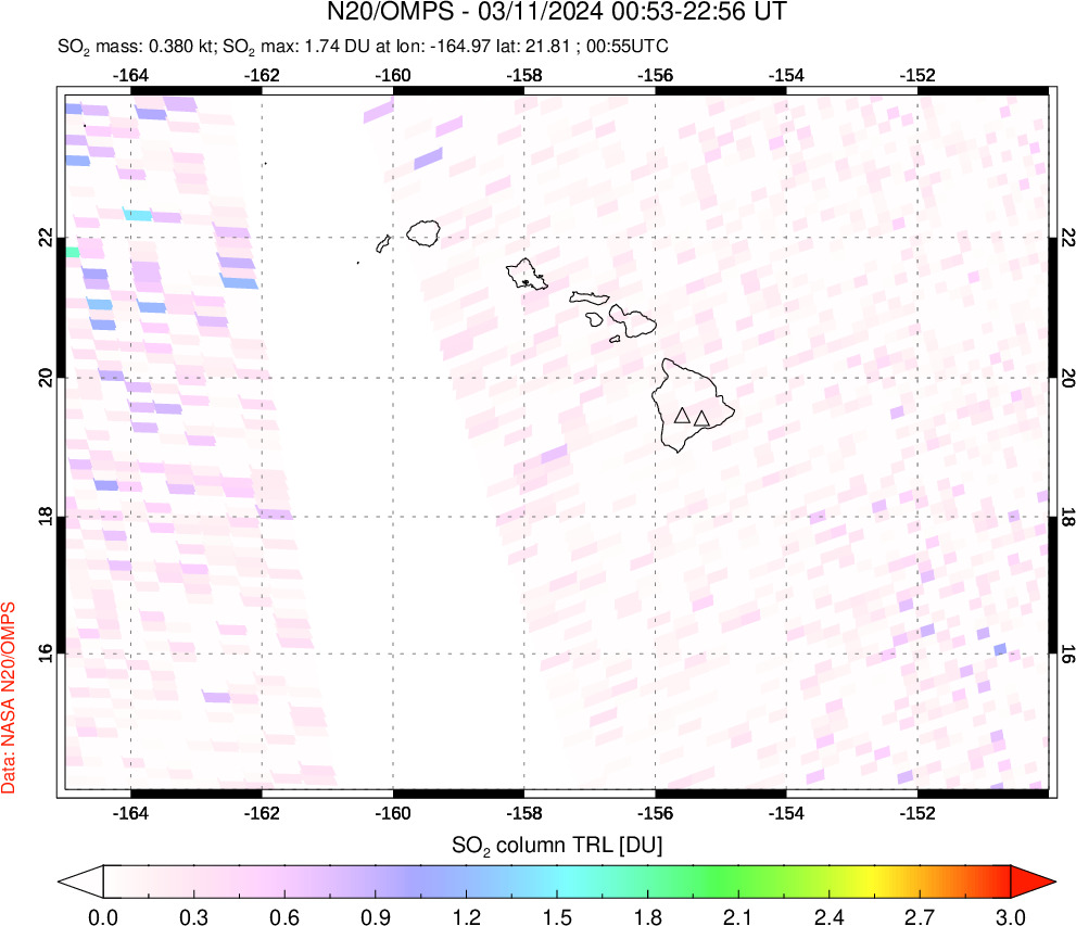 A sulfur dioxide image over Hawaii, USA on Mar 11, 2024.