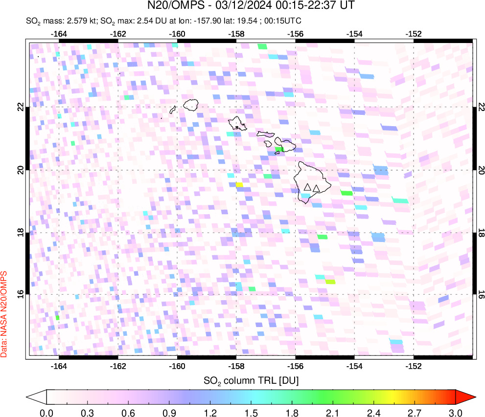 A sulfur dioxide image over Hawaii, USA on Mar 12, 2024.