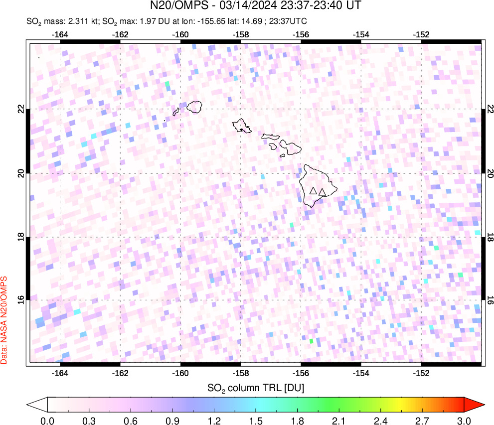 A sulfur dioxide image over Hawaii, USA on Mar 14, 2024.